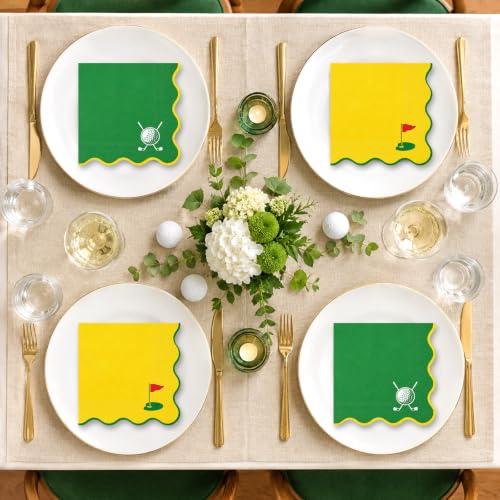 Golf Cocktail Napkins 50 Pack - Bright Yellow & Green, Scalloped 3-Ply Party Supplies