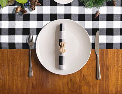 DUOBAO Buffalo Plaid Table Runner 14x108 Inches Black and White Checkered Linen with Tassels for Christmas and Farmhouse Decor