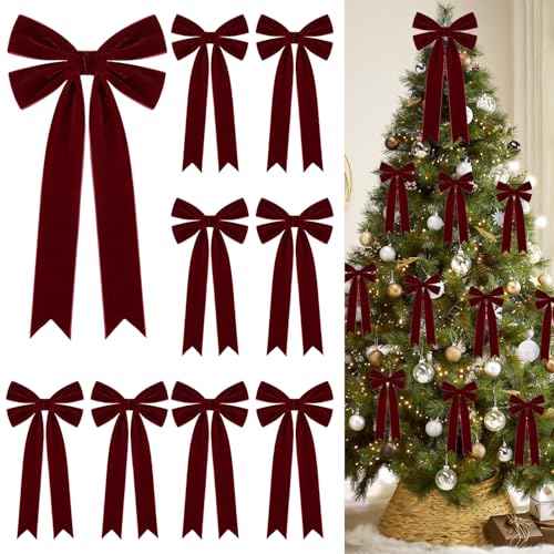 9Pcs Velvet Ribbon Tree Bow Ornaments 2 Size Rustic Christmas Wreath Bows for Gift Wrapping Garland Crafts Winter Party Indoor Outdoor Decoration, 1Pcs 8"x12.6", 8Pcs 4.3"x 8.7" (Burgundy)