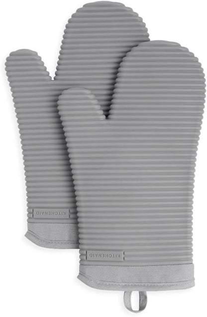 KitchenAid Ribbed Soft Silicone Oven Mitts - Heat Resistant 2-Pack Set, 7.5"x13", Grey