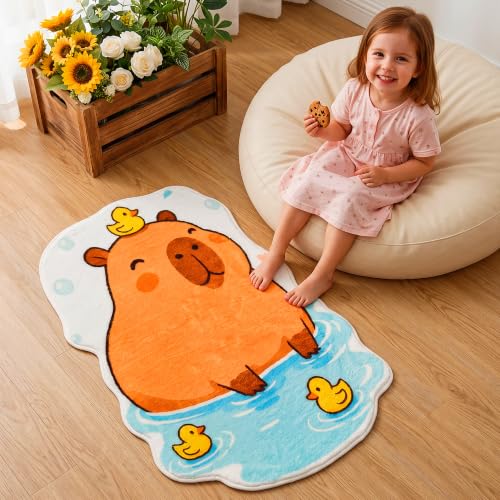 J-Capybara Bathroom Mat, Cute Plush Animal Rug with Ducks, 20x31.5 Inches