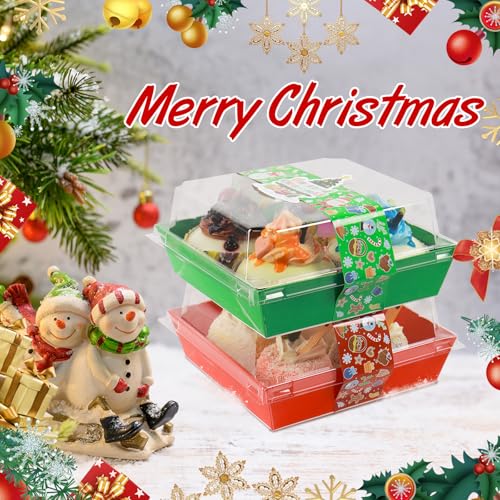 Christmas Charcuterie Boxes with Clear Lids & Stickers - Red Green 5.3x4.9x2.5 Inches, 100 Pack
