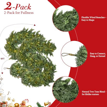 9FT Christmas Garland with Lights - 2 Pack Real Touch Cedar Wreath