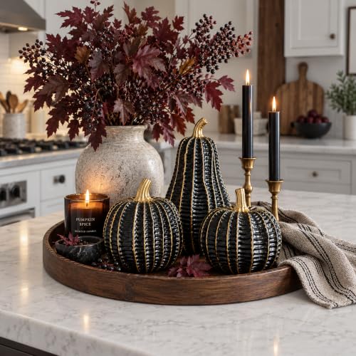 Black & Gold Resin Pumpkin Decorations Set - Fall Halloween Home Accent