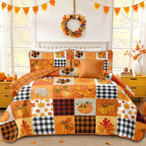Thanksgiving Fall Quilt Set Queen Size Orange Patchwork Bedspread