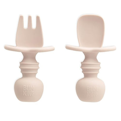 Bumkins Baby Utensils Set - Chewtensils Silicone Spoons & Fork for Self-Feeding | Soft Practice Tools for 6 Months+ - Sand Beige