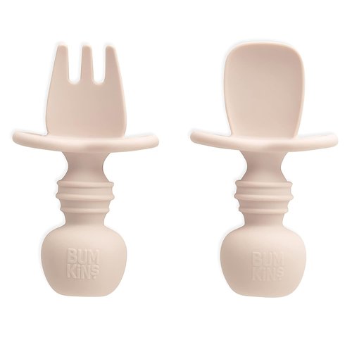 Bumkins Baby Utensils Set - Chewtensils Silicone Spoons & Fork for Self-Feeding | Soft Practice Tools for 6 Months+ - Sand Beige