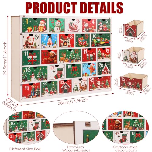 Multicolor Wooden Advent Calendar 2026 with 25 Cartoon Drawers Holiday Decor