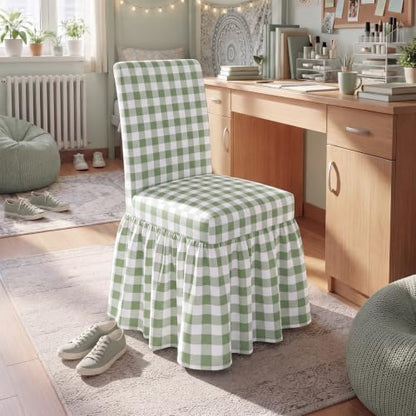 Sage Green Gingham Chair Cover with Ruffle Skirt for Dorm & Kitchen