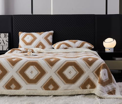 LEVINIS Boho Sherpa Fleece Blanket 80x90 Inch - Camel, Reversible Cozy Throw