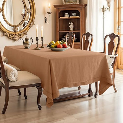 Beige Hemstitch Linen Tablecloth 90x60 Inch - Fall Table Decor