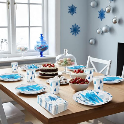 Pickmesh 400 Pcs Blue Silver Christmas Party Plates Cups Napkins Cutlery Set for 50 Guests