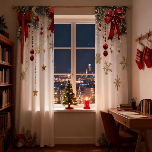 Christmas Window Curtains Set - Red Bows Snowflakes Pine Branches 75x166cm Variation of THIS listing