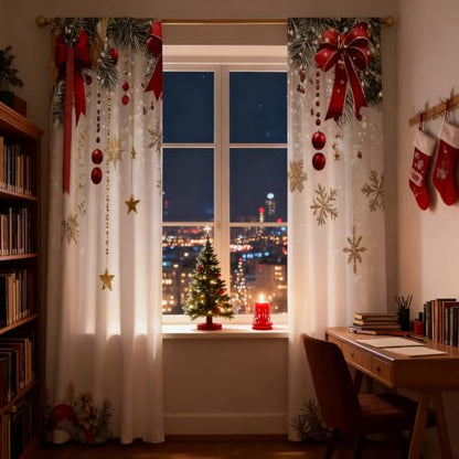 Christmas Window Curtains Set - Red Bows Snowflakes Pine Branches 75x166cm Variation of THIS listing
