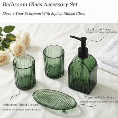 Green Glass Bathroom Accessories Set with Soap Dispenser and Toothbrush Holders - 4 Piece