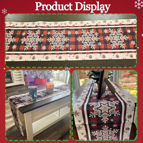 Snowflakes Christmas Table Runner 13 x 90 Inches with Buffalo Plaid Holiday Decor
