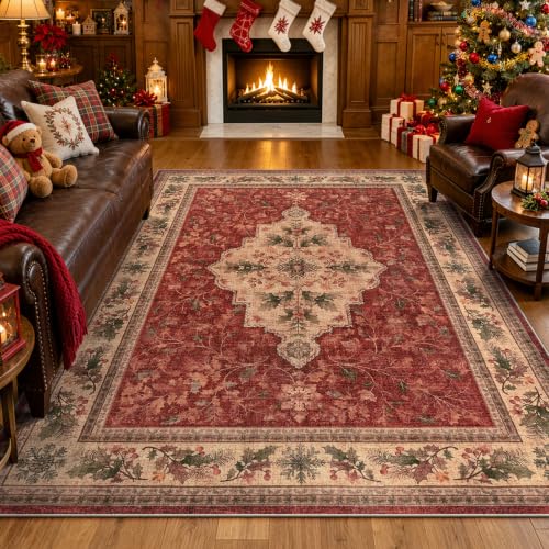 Christmas Rug 5x7 Red Washable Holiday Rug for Living Room & Bedroom - Vintage Design