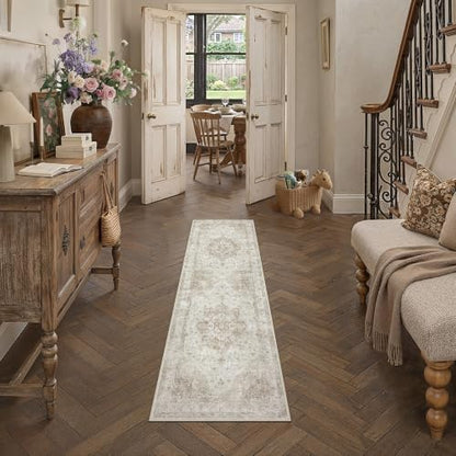 Farmhouse Beige Neutral Runner Rug 2x6 Feet - Non-Slip, Machine Washable