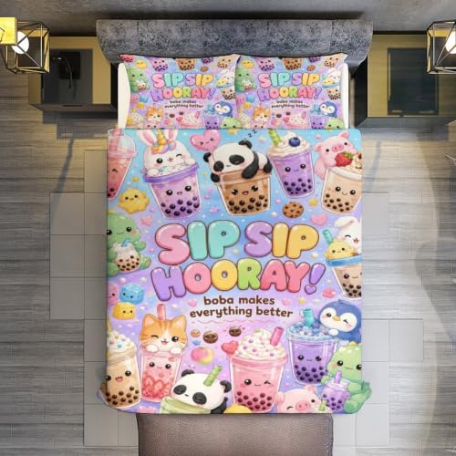 Cute Boba Tea Animals Kawaii Pattern Queen Duvet Cover Set 90x90 with Pillowcases