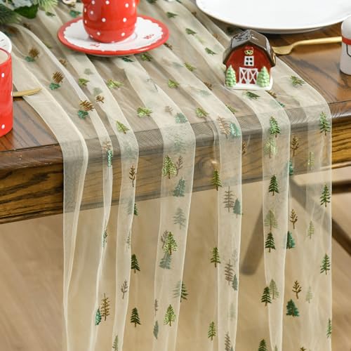 28 x 120 Inch 3-Piece Embroidery Christmas Table Runner Apricot Set
