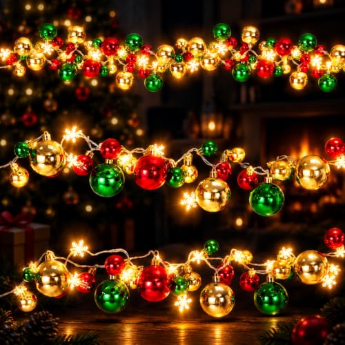 Lighted Christmas Garland with Red and Green Ornaments and Snowflake Lights - Battery Operated, Indoor Outdoor Decor
