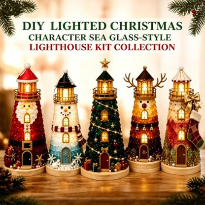 DIY Lighted Christmas Lighthouse Kit with Sea Glass Style Pieces & LED Lights - Variation B