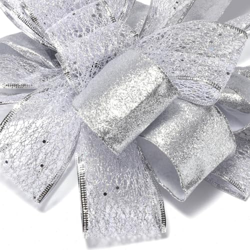 Christmas Tree Topper Bow 45x13 Inches Glitter Silver Decoration - Style1