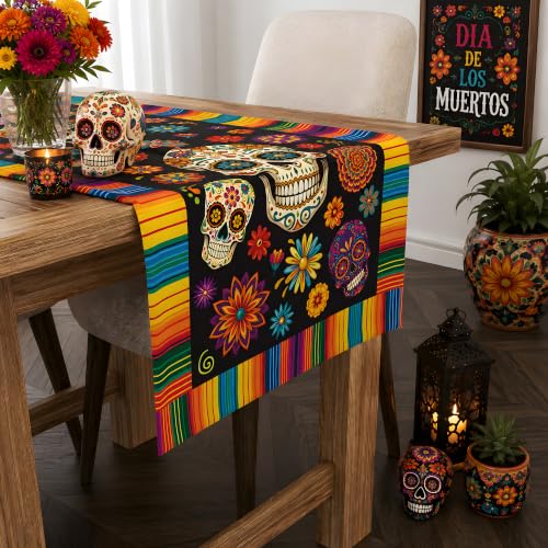 Dia De Los Muertos Decorations - Sugar Skull Day of the Dead Table Runner - Vibrant Mexican Celebration