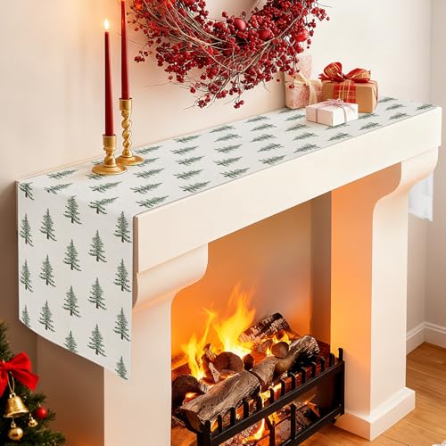 Beige Christmas Tree Table Runner 13x72 Inch Farmhouse Holiday Decor