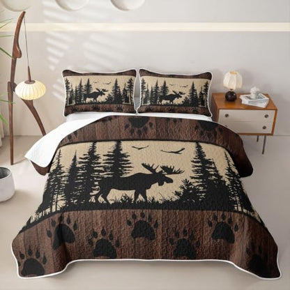 King Size Rustic Cabin Quilt Set with Moose and Pine Tree Prints - Beige Brown Black Variation