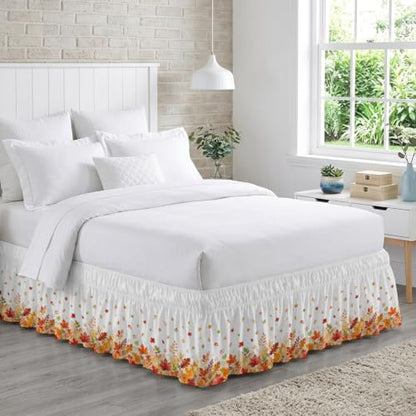 Fall Maple Leaves Bed Skirt Queen Size 16 Inch Drop Wrap Around Autumn Bedding - White, Terracotta, Pumpkin, Burnt Orange