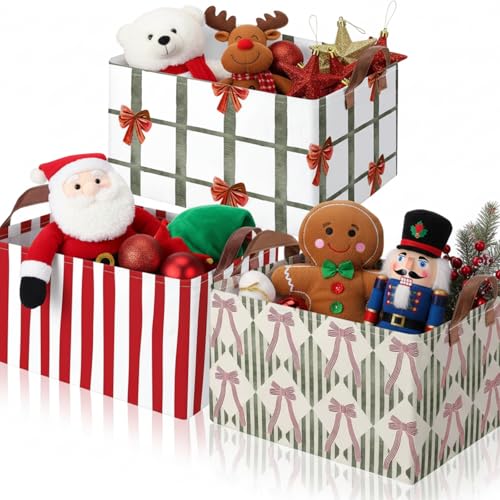 Preppy Christmas Foldable Storage Baskets Set of 3 with Handles Waterproof Fabric Organizers