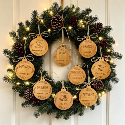 25PCS Wooden Names of Jesus Christmas Ornaments - Rustic Religious Holiday Decorations
