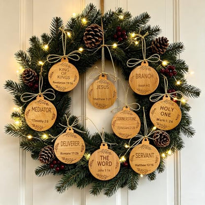 25PCS Wooden Names of Jesus Christmas Ornaments - Rustic Religious Holiday Decorations