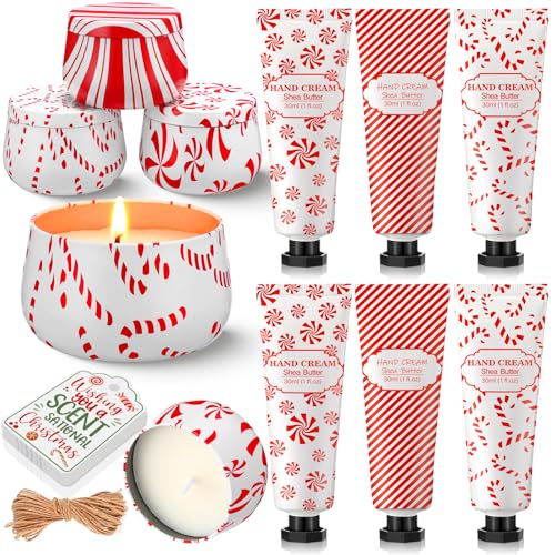 Candy Cane Scented Christmas Gift Set - 6 Candles & Hand Cream for Women - Peppermint Holiday Bulk
