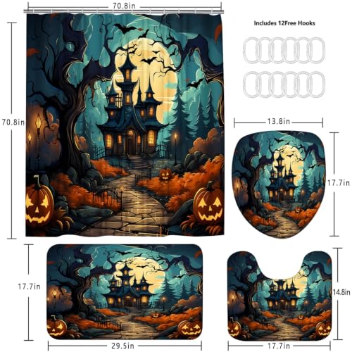 Halloween Haunted House Shower Curtain Set with Rugs - Black