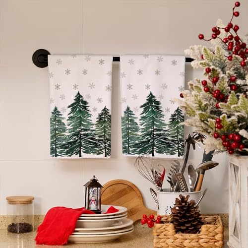 Christmas Kitchen Towels Set of 2 - Green Tree Xmas Decor, 18x26 Inches - Durable Microfiber Dish Towels