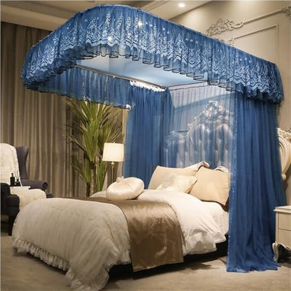 Adjustable U-Shaped Mosquito Net Bed Canopy with 3 Doors - Blue, Fits Queen & King Beds