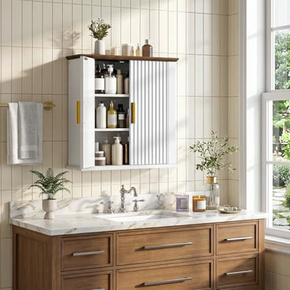 Wall Mounted Bathroom Medicine Cabinet with Adjustable Shelves - Farmhouse Style, White & Walnut Finish