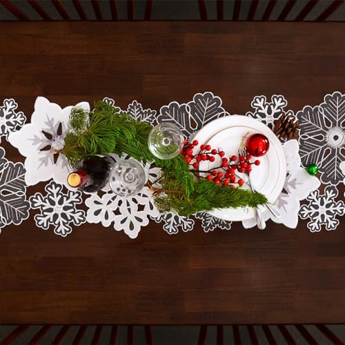 Snowflake Embroidered Table Runner - Gray Silver Winter Holiday Decor 14x34 inches