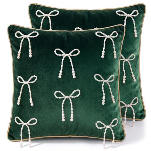 Dark Green Velvet Christmas Throw Pillow Covers with Pearl Bow Set - 18x18 Inches