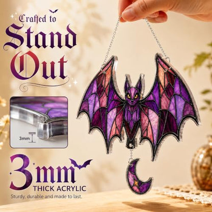 Gothic Bat Suncatcher Halloween Window Decor - Crescent Moon, Purple Stained Glass Style - Bat Lover Gift - Variation of Bat 2