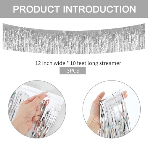 Silver Fringe Garland Banner 3 Pack 30ft Wall Tinsel Streamers for Party Decor