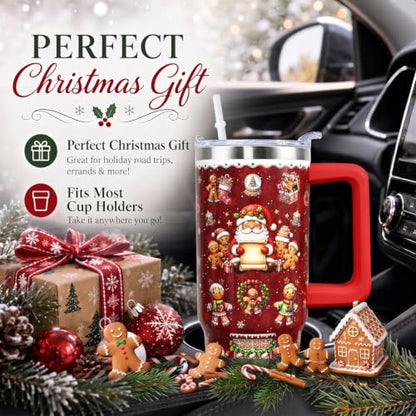 Christmas Gingerbread Tumbler with Handle 30 oz - Red Insulated Travel Mug