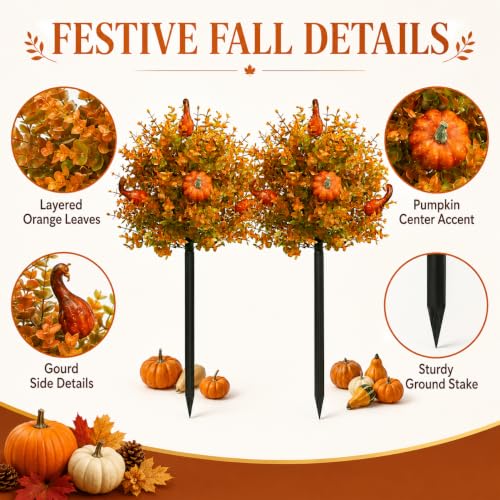 Fall Pumpkin Topiary Trees with Stakes - Orange, 22 Inch, 2 Pack