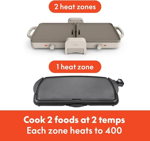 Bella Ceramic Fold-N-Store Griddle - Dual Temp Kitchenware with Nonstick Coating | 10"x20", Oatmilk Color, 1500 Watt