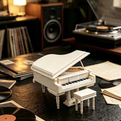 Wooden Music Box with Piano Bench and Black Case - Romantic Gift for Piano Lovers