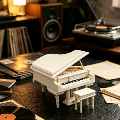 Wooden Music Box with Piano Bench and Black Case - Romantic Gift for Piano Lovers