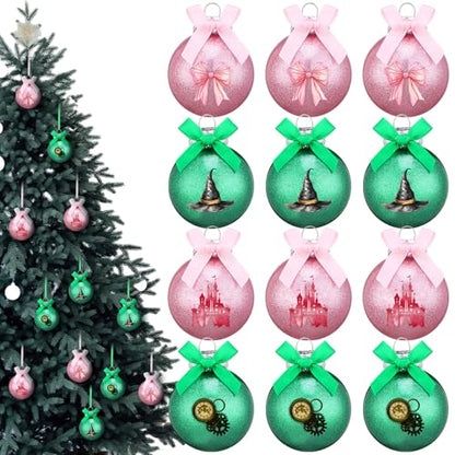 12Pcs Witch Christmas Ornament Set - Pink and Green Holiday Tree Decorations