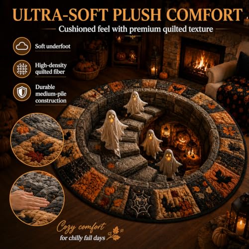 Halloween 3D Optical Illusion Haunted Staircase Round Rug with Ghost Skeleton Pumpkin, 47.2x47.2in - Variation A